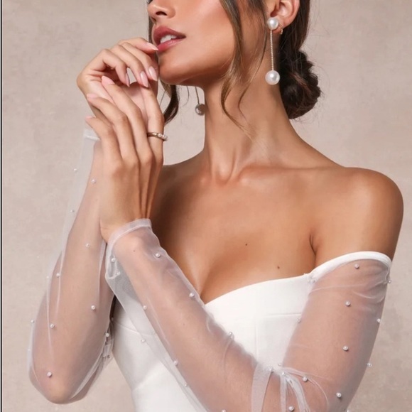 Lulus Eternally Beloved White Mesh Off-the-Shoulder Pearl Maxi Dress Large # - Picture 4 of 6